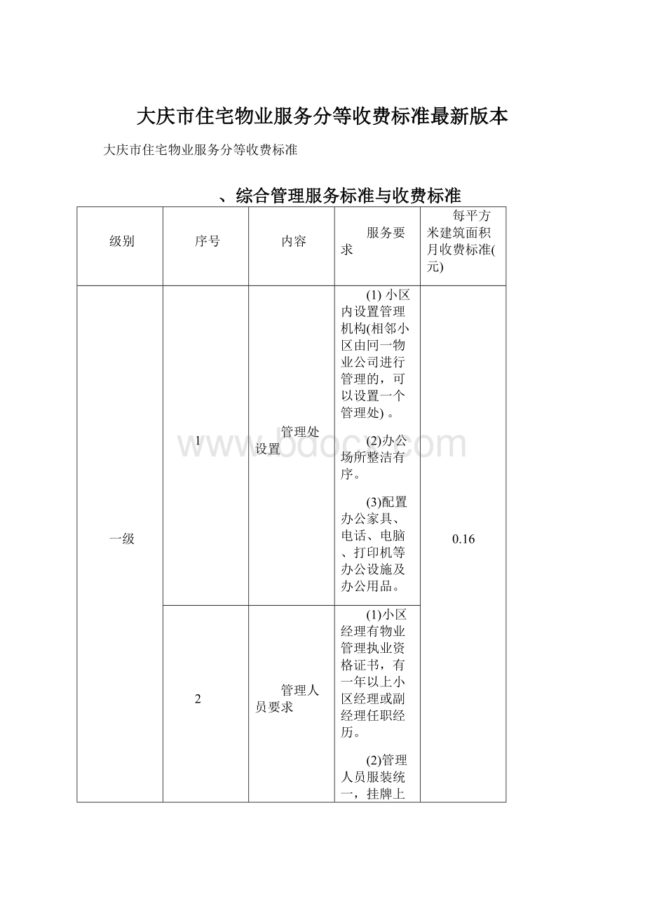 大庆市住宅物业服务分等收费标准最新版本Word文档格式.docx