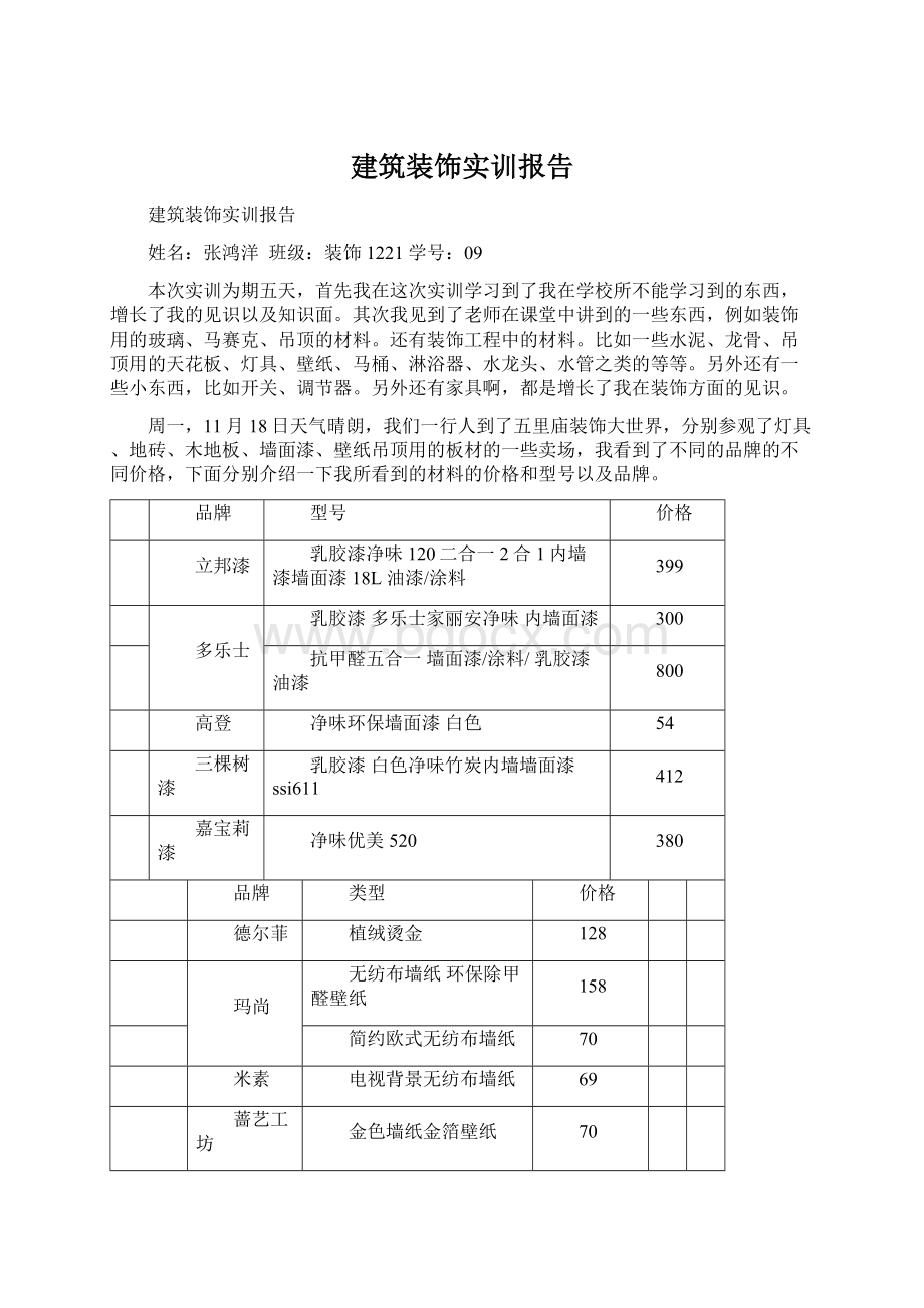 建筑装饰实训报告Word格式文档下载.docx_第1页