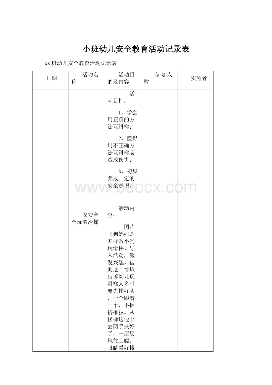 小班幼儿安全教育活动记录表.docx