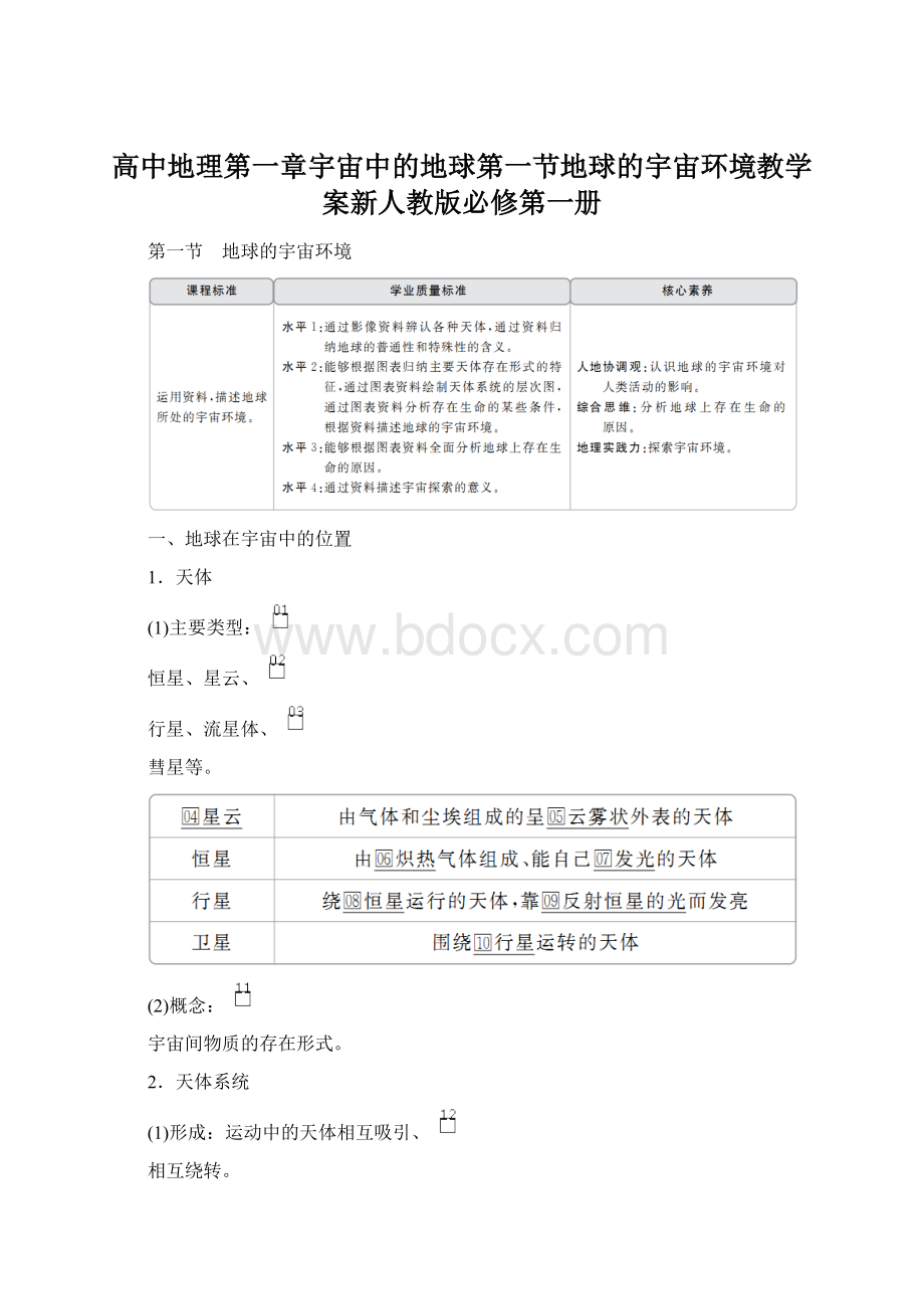 高中地理第一章宇宙中的地球第一节地球的宇宙环境教学案新人教版必修第一册Word文档格式.docx