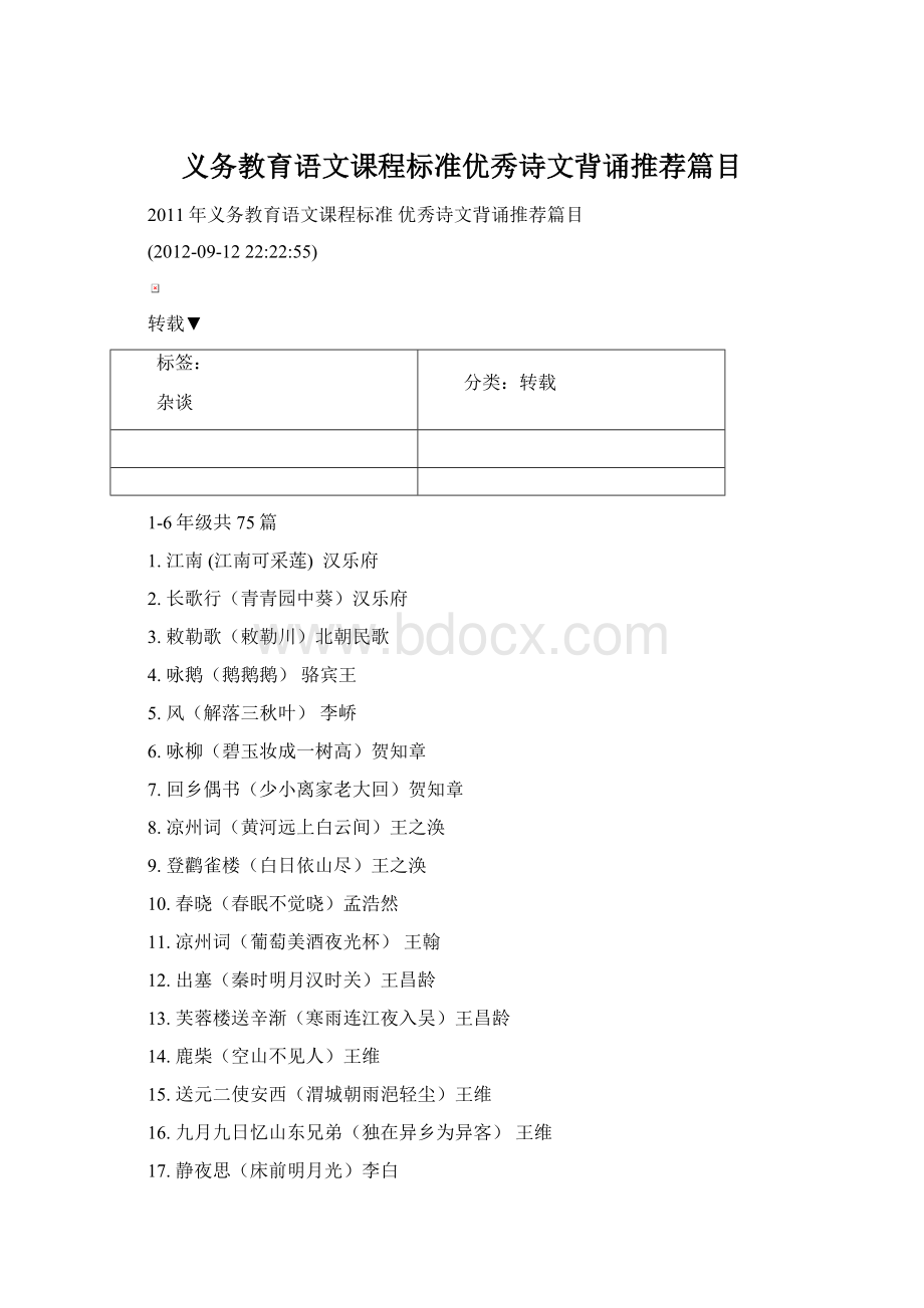 义务教育语文课程标准优秀诗文背诵推荐篇目.docx_第1页