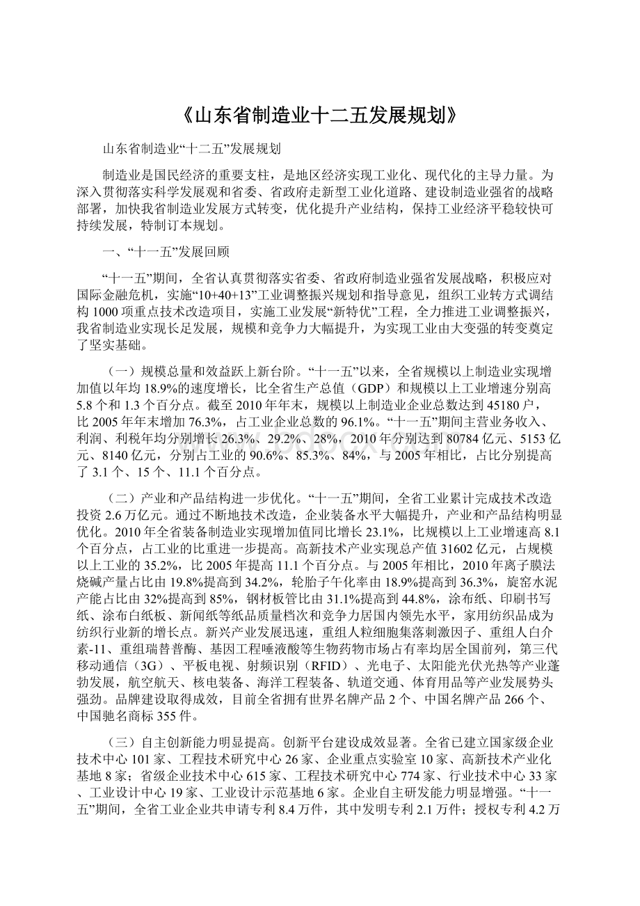 《山东省制造业十二五发展规划》Word文件下载.docx