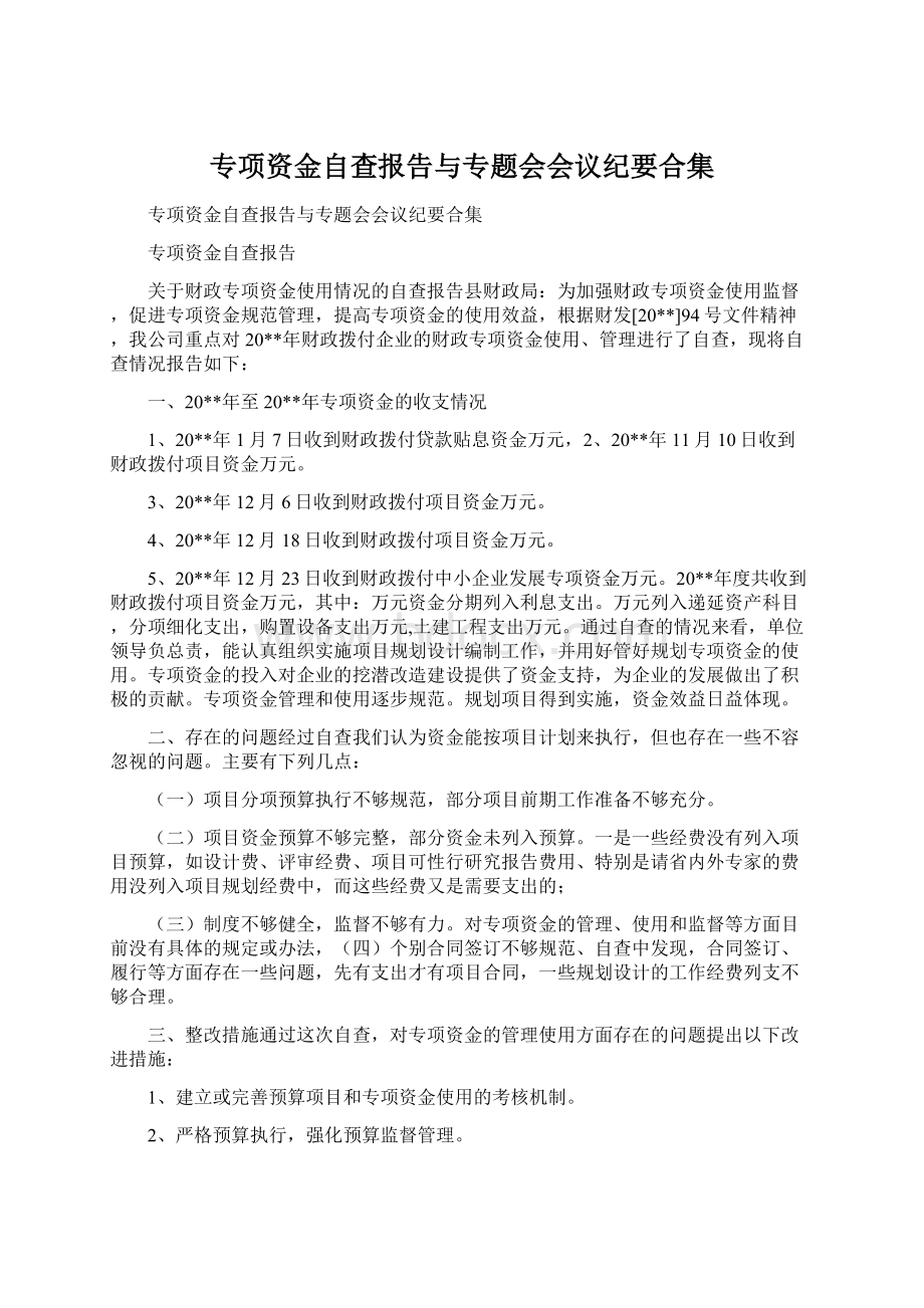 专项资金自查报告与专题会会议纪要合集Word格式.docx