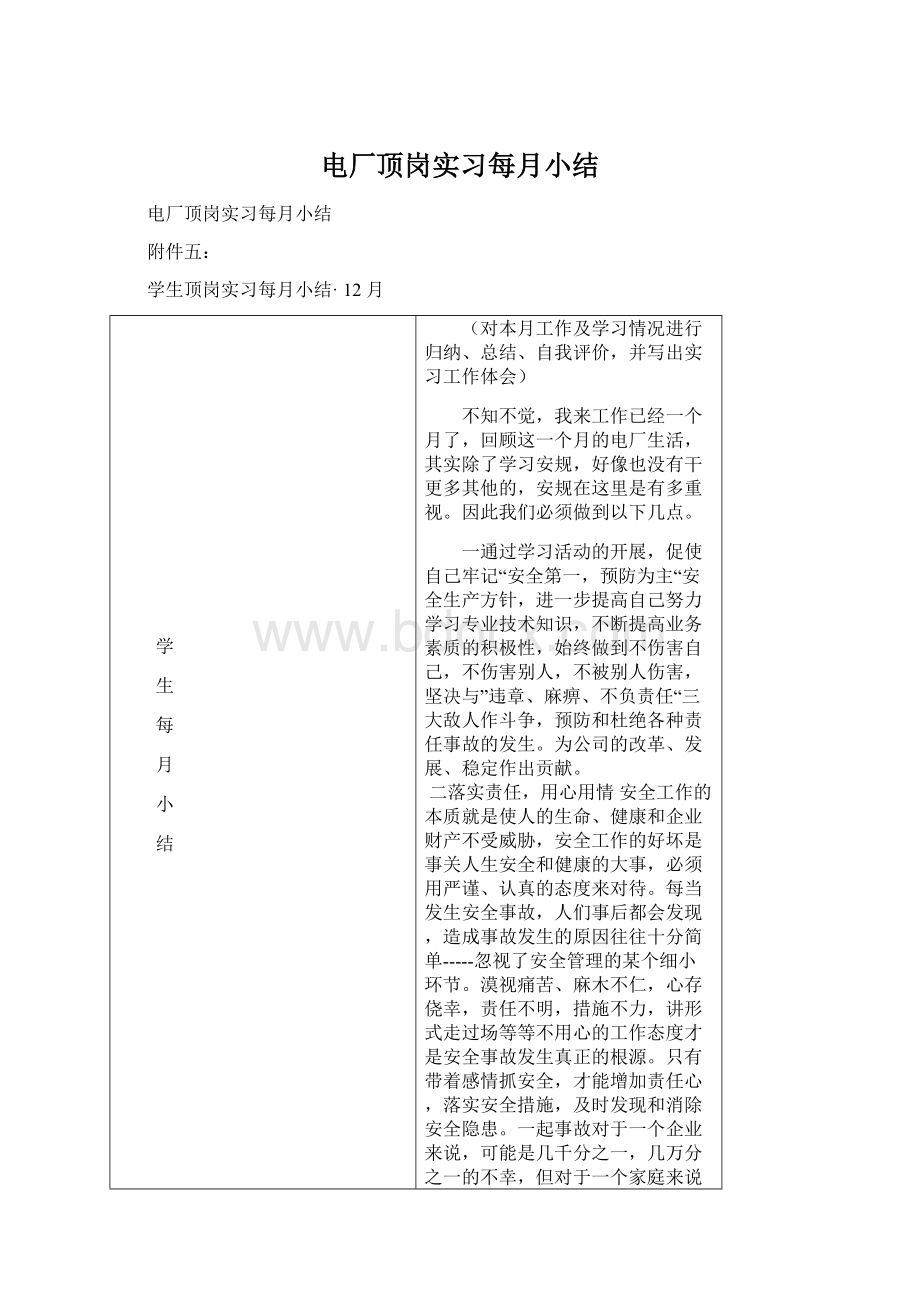 电厂顶岗实习每月小结.docx_第1页