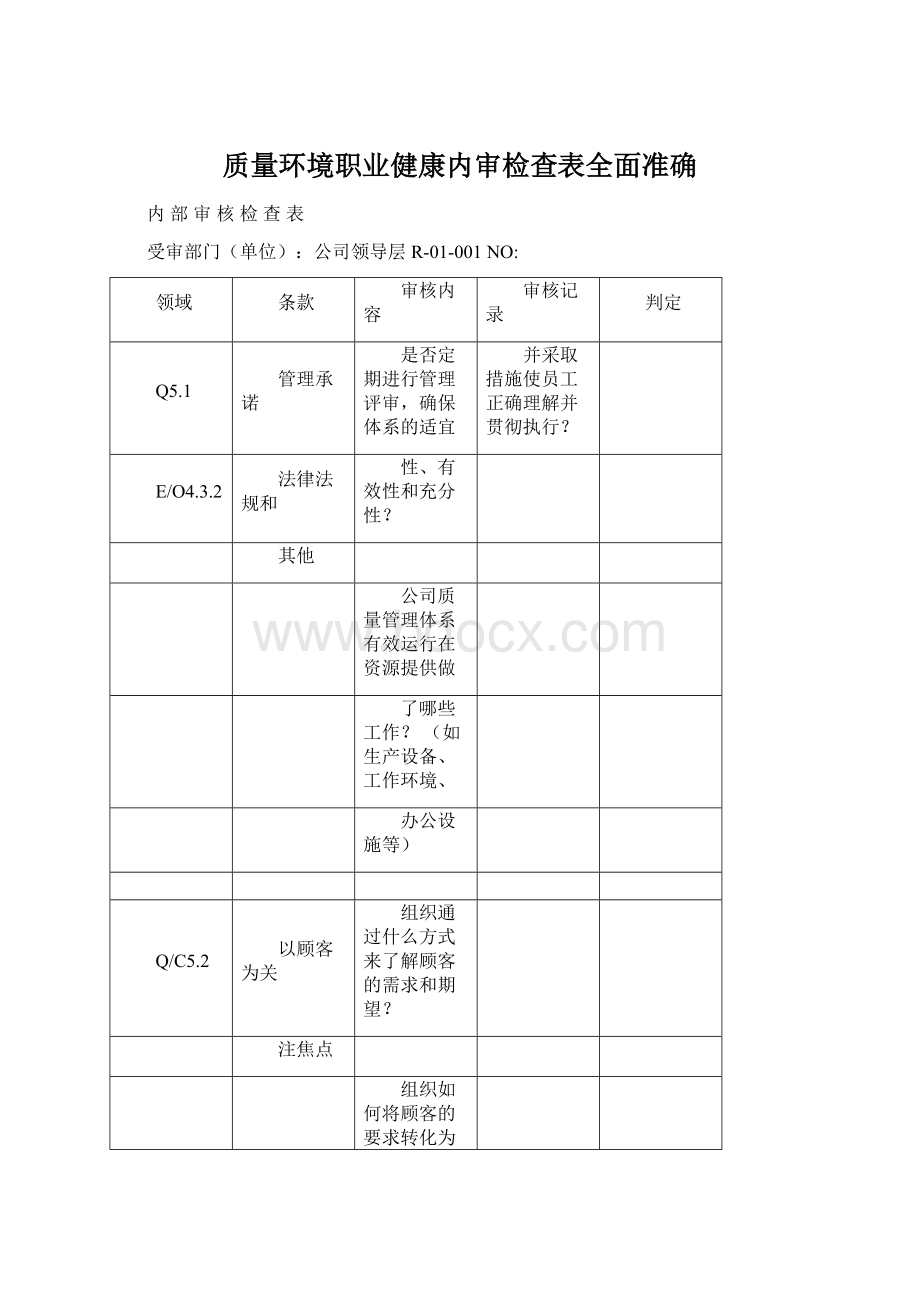 质量环境职业健康内审检查表全面准确Word文档下载推荐.docx_第1页