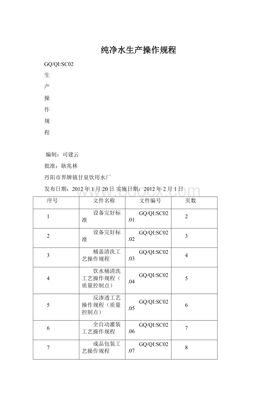 纯净水生产操作规程Word格式.docx