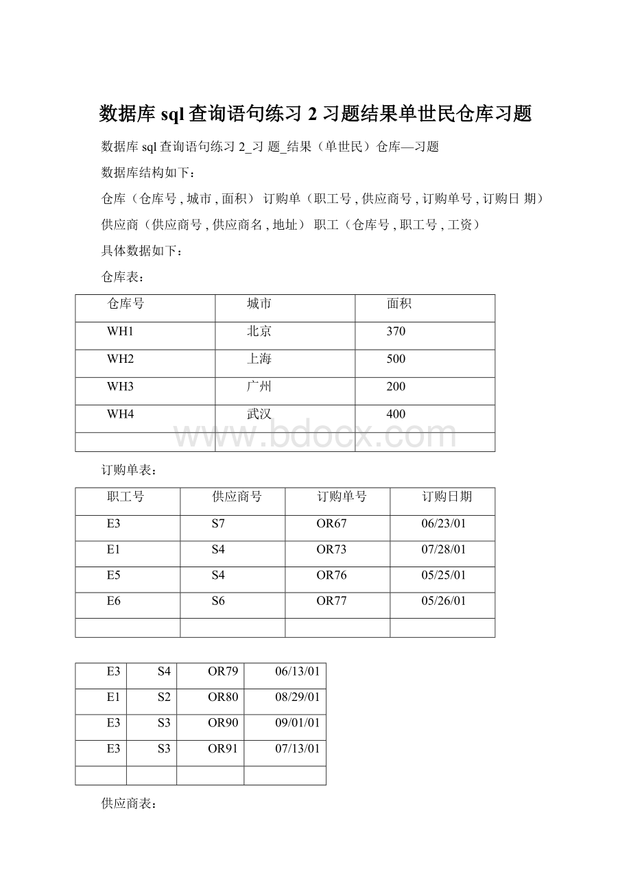 数据库sql查询语句练习2习题结果单世民仓库习题Word文档格式.docx