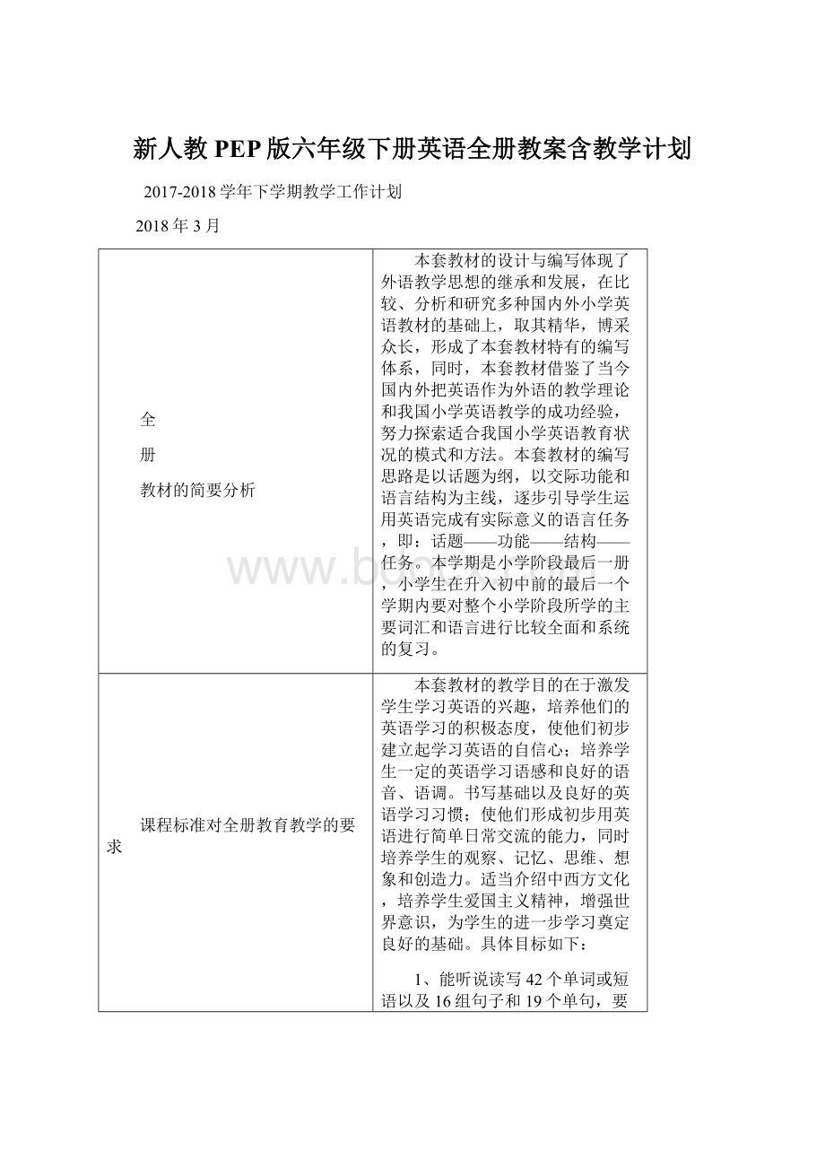 新人教PEP版六年级下册英语全册教案含教学计划.docx