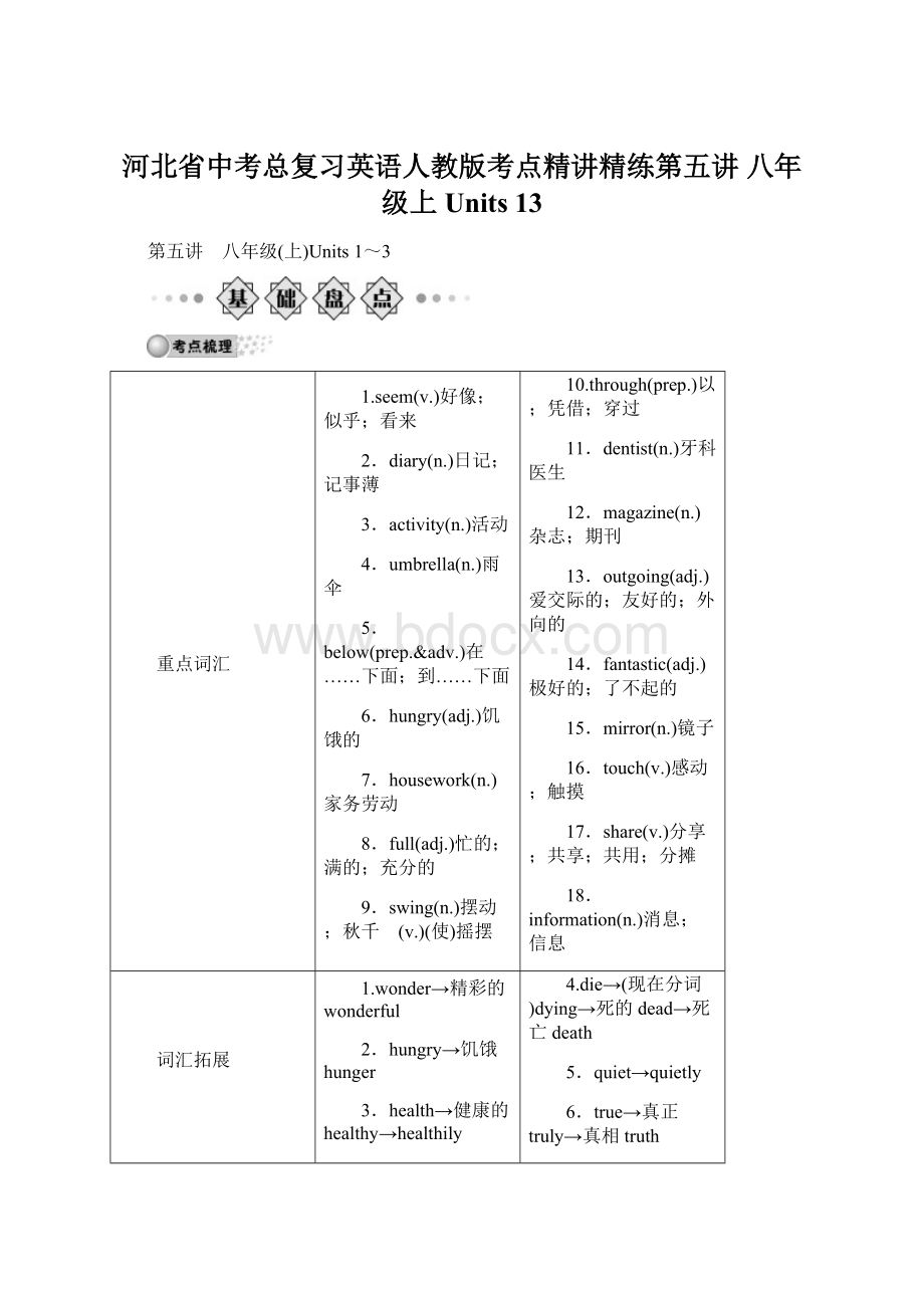 河北省中考总复习英语人教版考点精讲精练第五讲 八年级上Units 13文档格式.docx_第1页