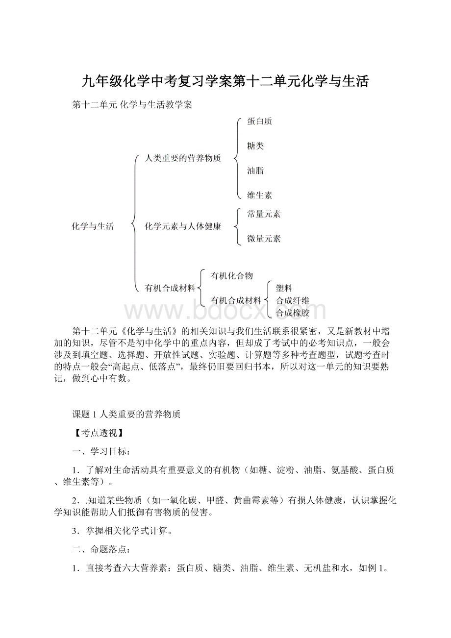 九年级化学中考复习学案第十二单元化学与生活.docx_第1页