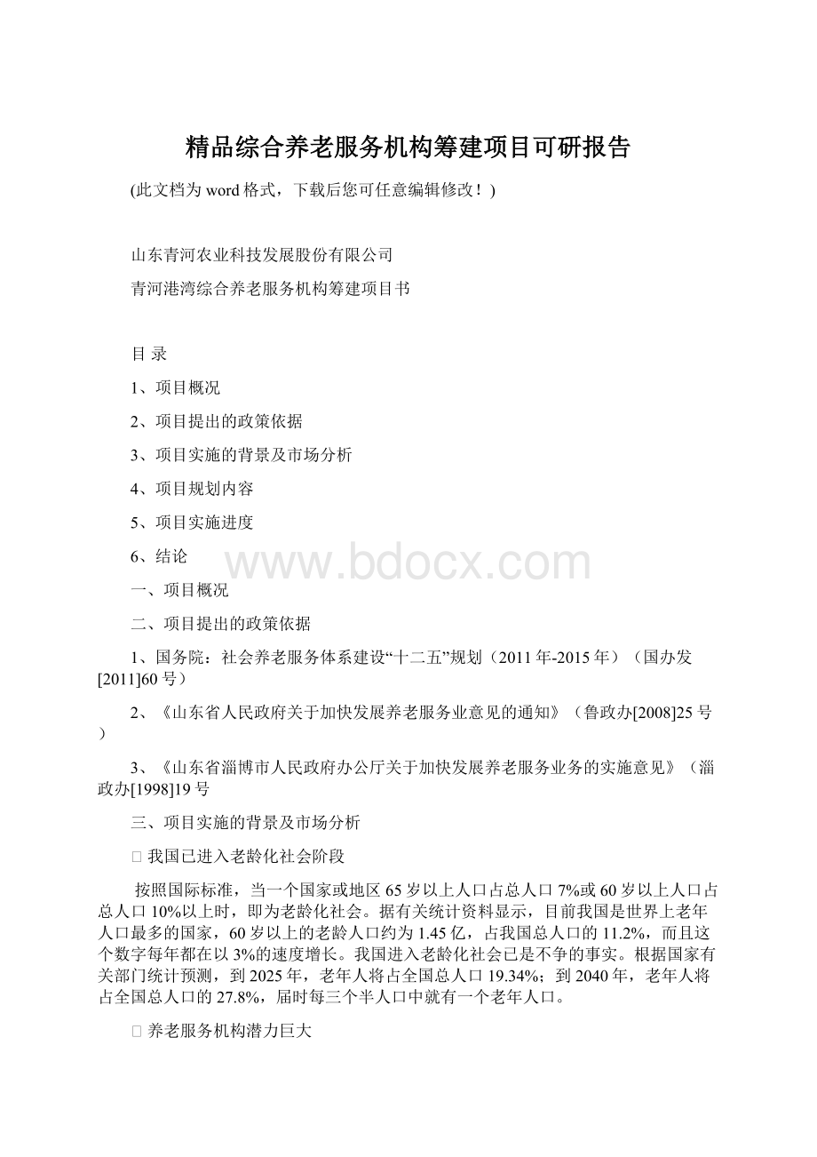 精品综合养老服务机构筹建项目可研报告Word格式文档下载.docx_第1页