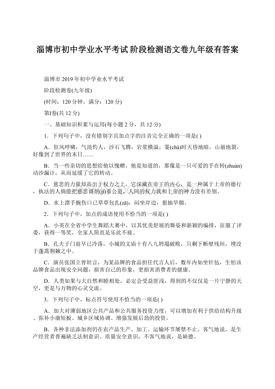 淄博市初中学业水平考试 阶段检测语文卷九年级有答案.docx_第1页