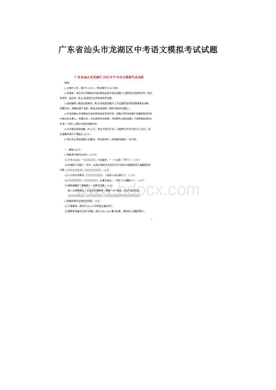 广东省汕头市龙湖区中考语文模拟考试试题Word格式.docx