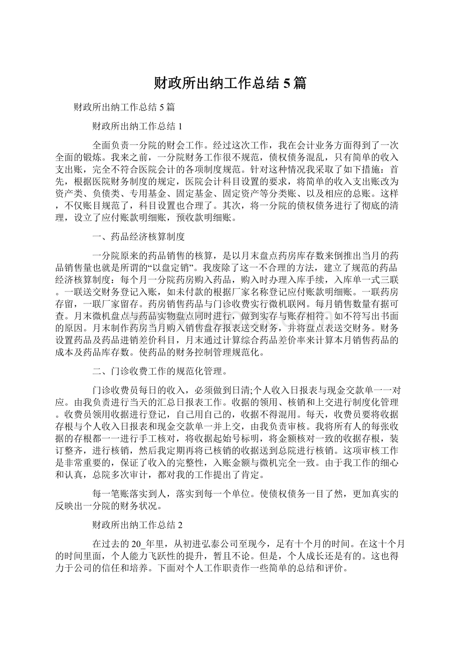 财政所出纳工作总结5篇Word文档下载推荐.docx_第1页