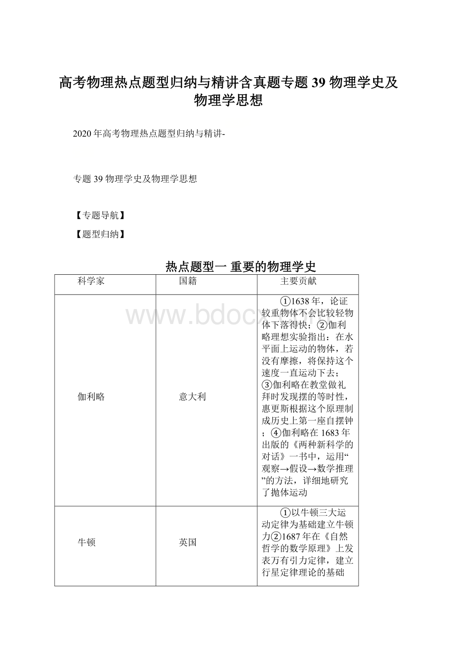 高考物理热点题型归纳与精讲含真题专题39 物理学史及物理学思想Word格式.docx