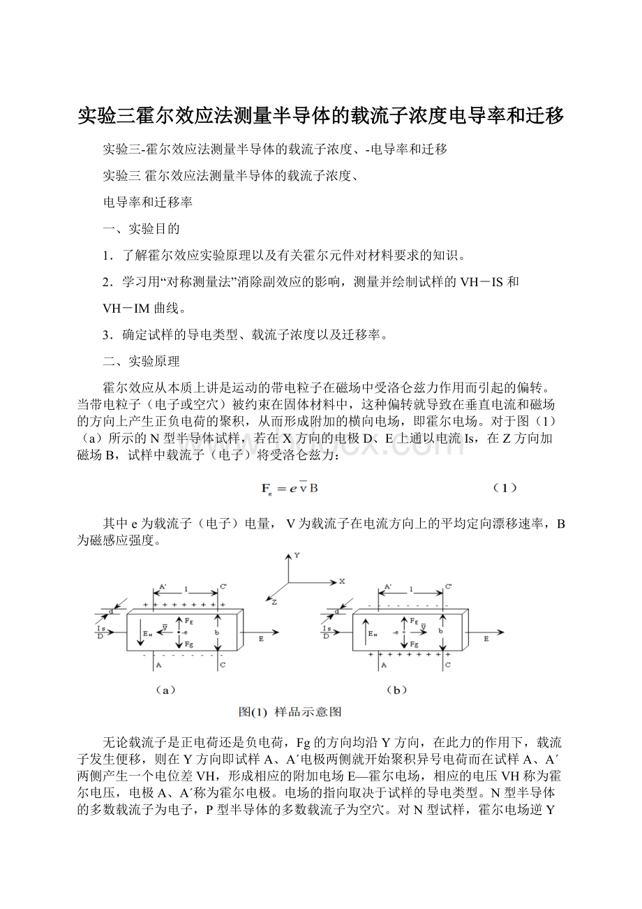 实验三霍尔效应法测量半导体的载流子浓度电导率和迁移.docx_第1页