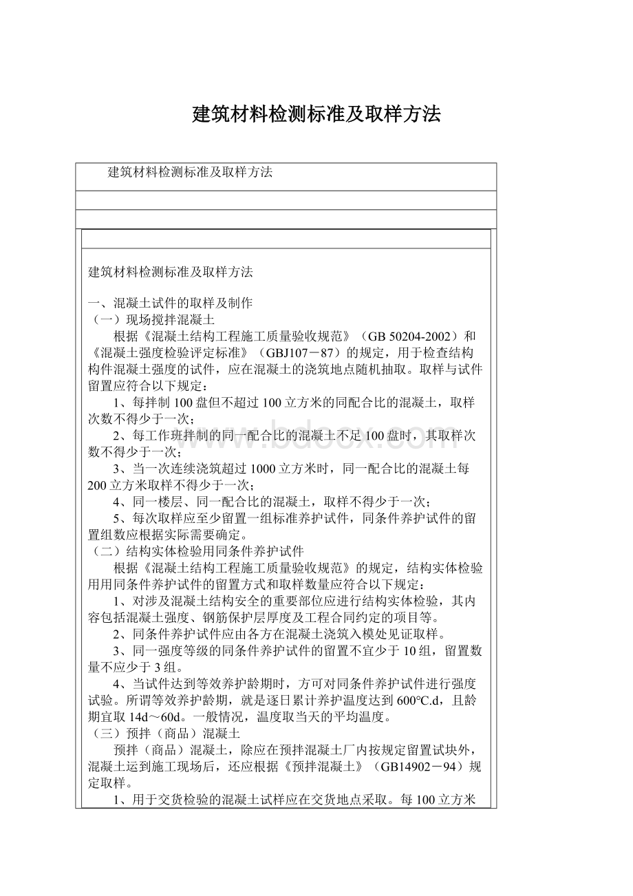 建筑材料检测标准及取样方法文档格式.docx