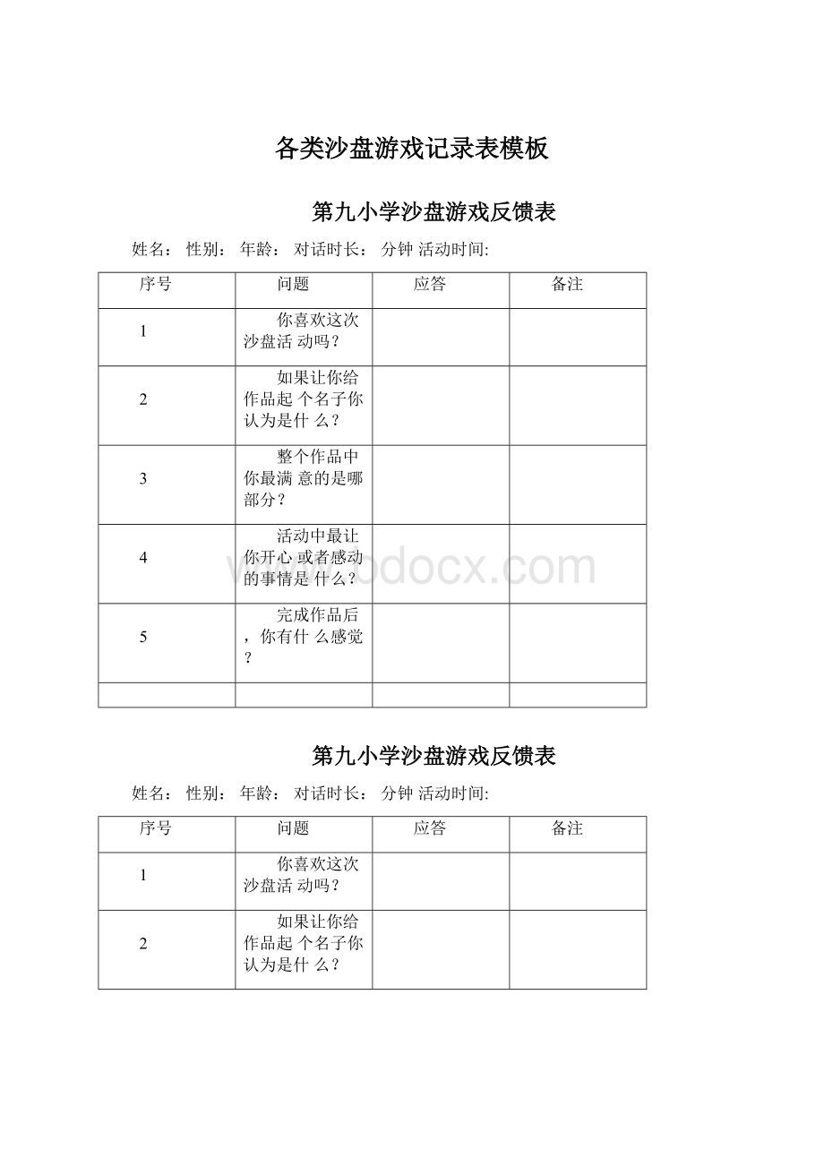 各类沙盘游戏记录表模板Word下载.docx