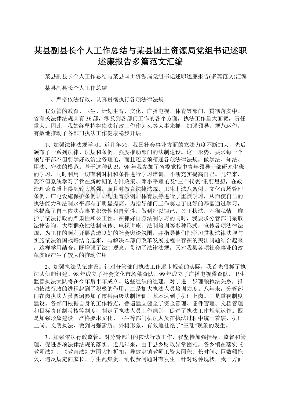 某县副县长个人工作总结与某县国土资源局党组书记述职述廉报告多篇范文汇编Word格式文档下载.docx