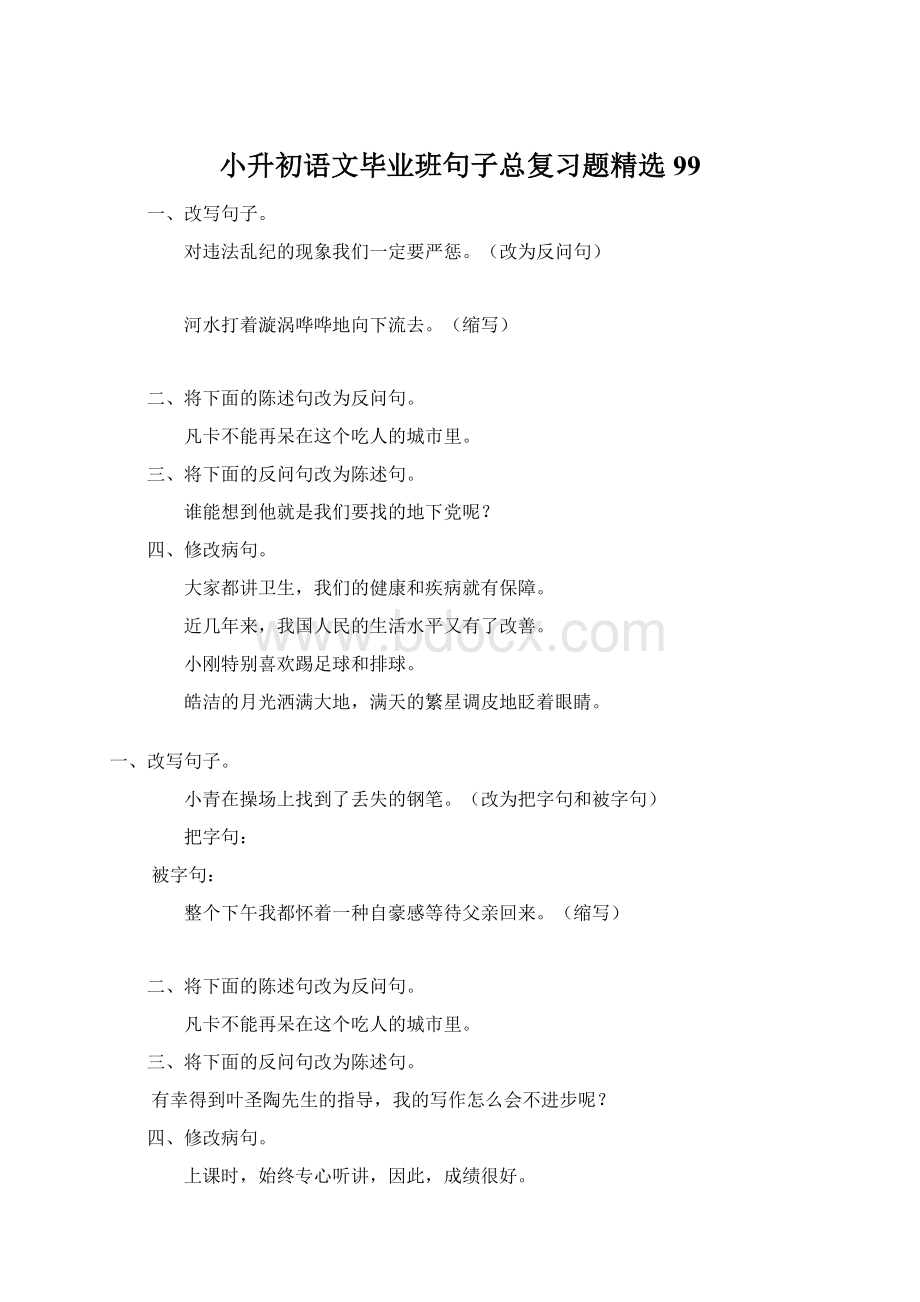 小升初语文毕业班句子总复习题精选99.docx_第1页