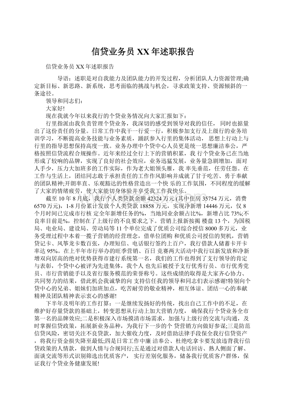 信贷业务员XX年述职报告文档格式.docx