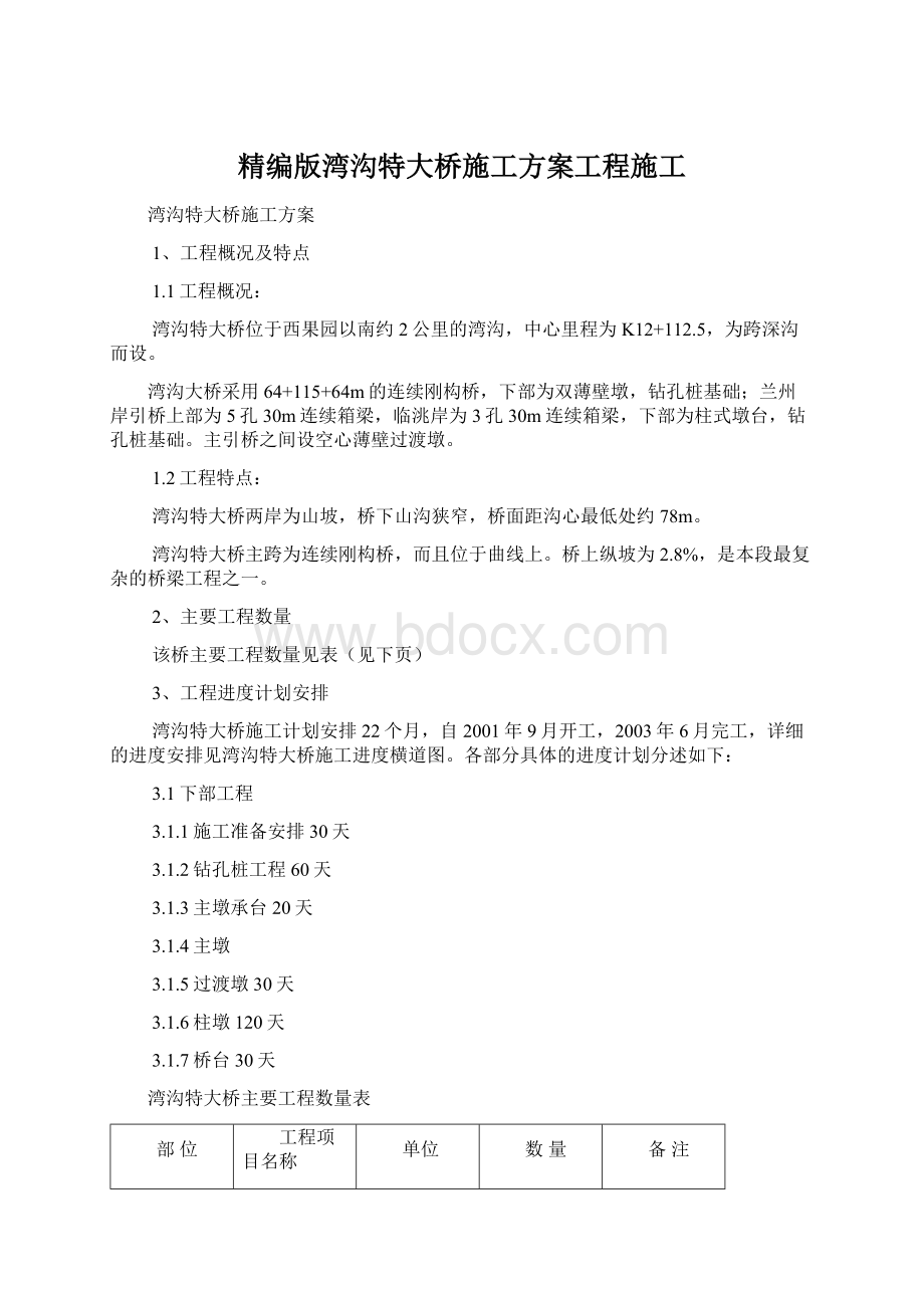 精编版湾沟特大桥施工方案工程施工.docx_第1页