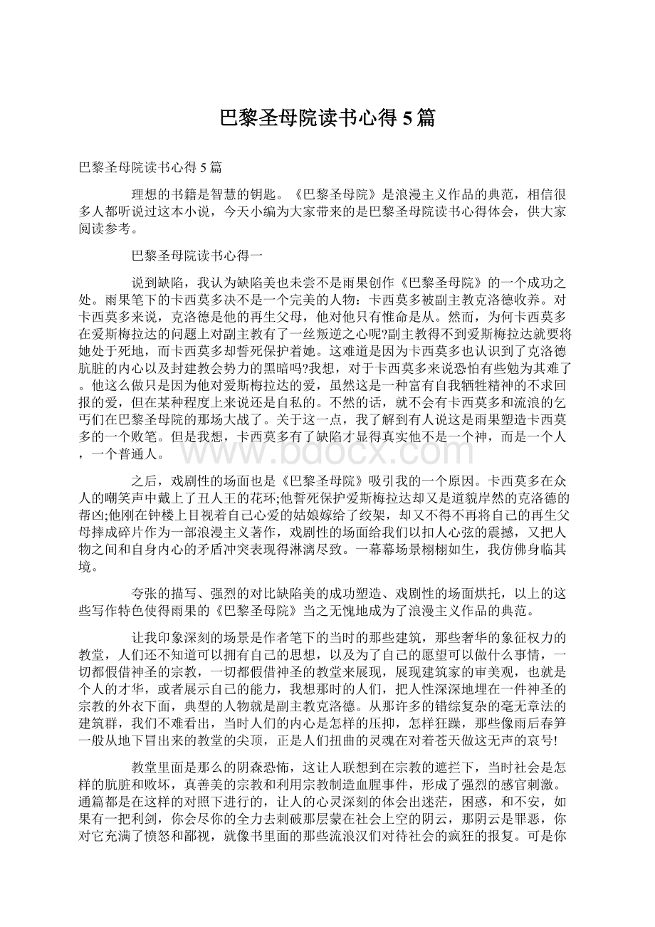 巴黎圣母院读书心得5篇Word格式文档下载.docx_第1页