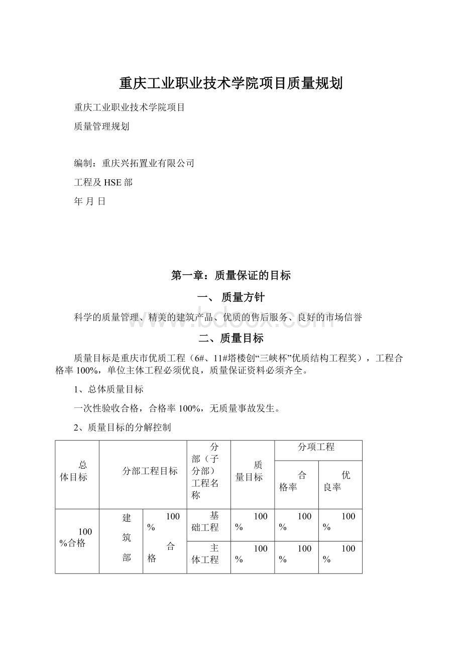 重庆工业职业技术学院项目质量规划.docx