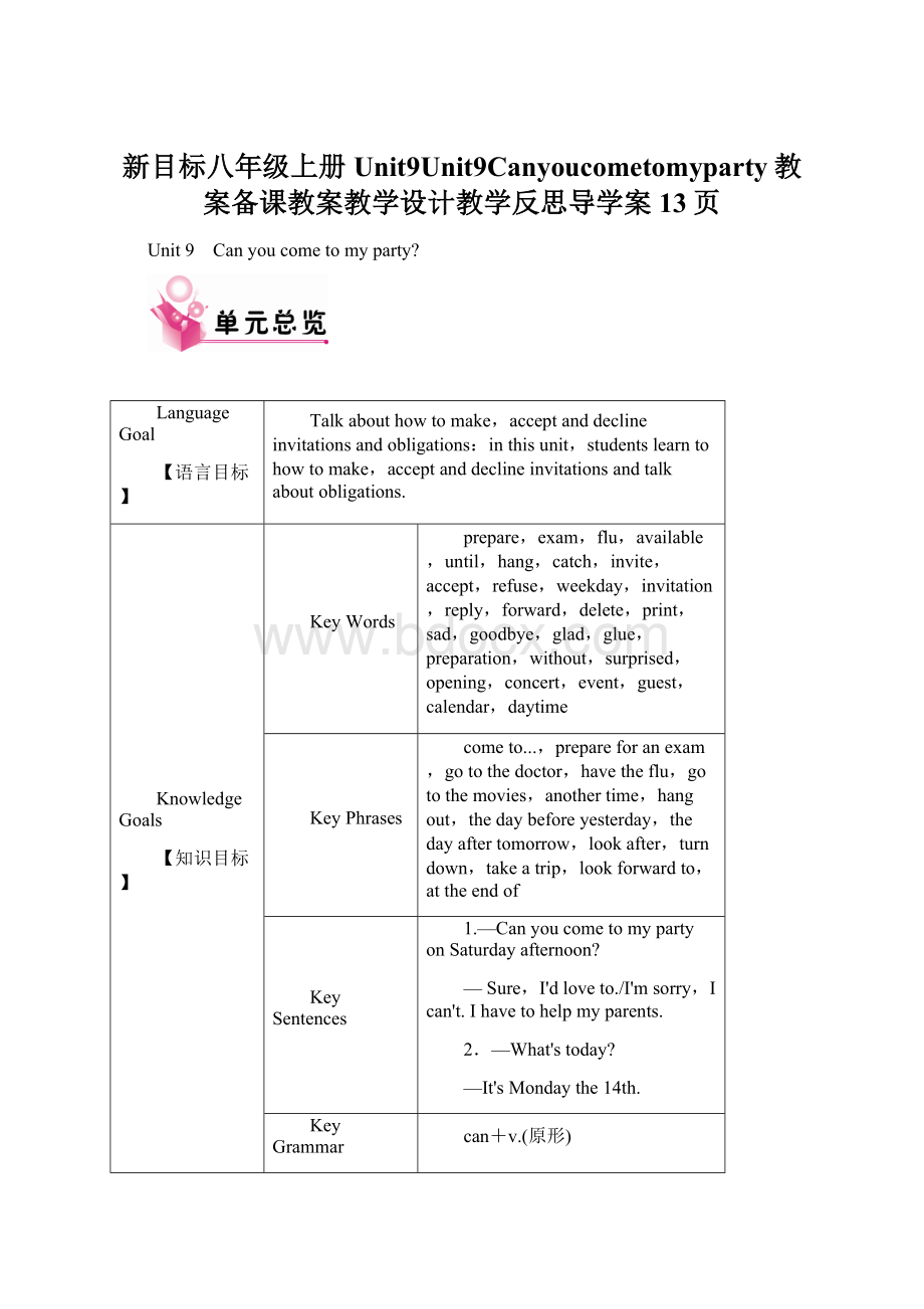 新目标八年级上册Unit9Unit9Canyoucometomyparty教案备课教案教学设计教学反思导学案13页Word格式文档下载.docx