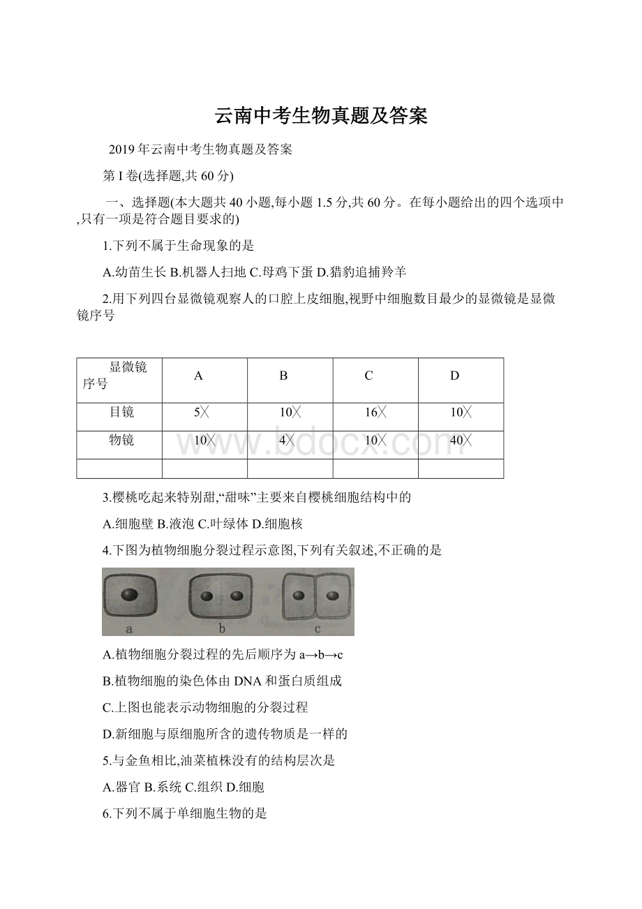 云南中考生物真题及答案.docx