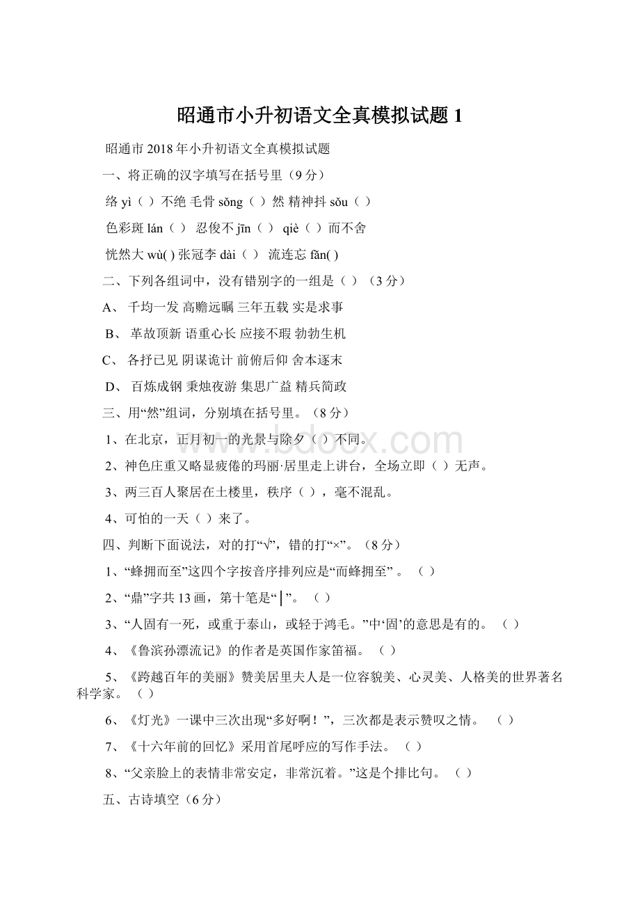 昭通市小升初语文全真模拟试题1.docx_第1页