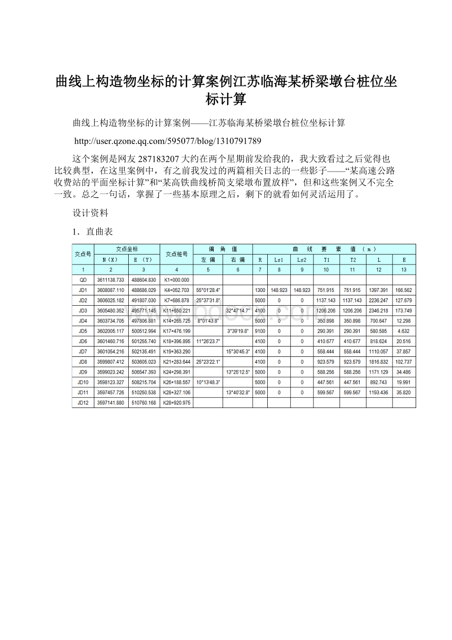 曲线上构造物坐标的计算案例江苏临海某桥梁墩台桩位坐标计算.docx_第1页