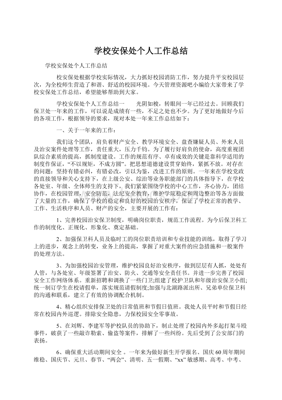 学校安保处个人工作总结文档格式.docx