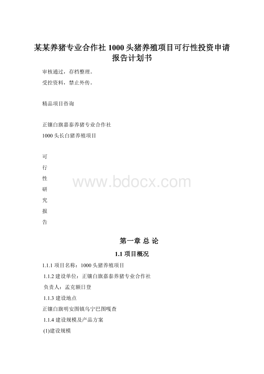 某某养猪专业合作社1000头猪养殖项目可行性投资申请报告计划书.docx