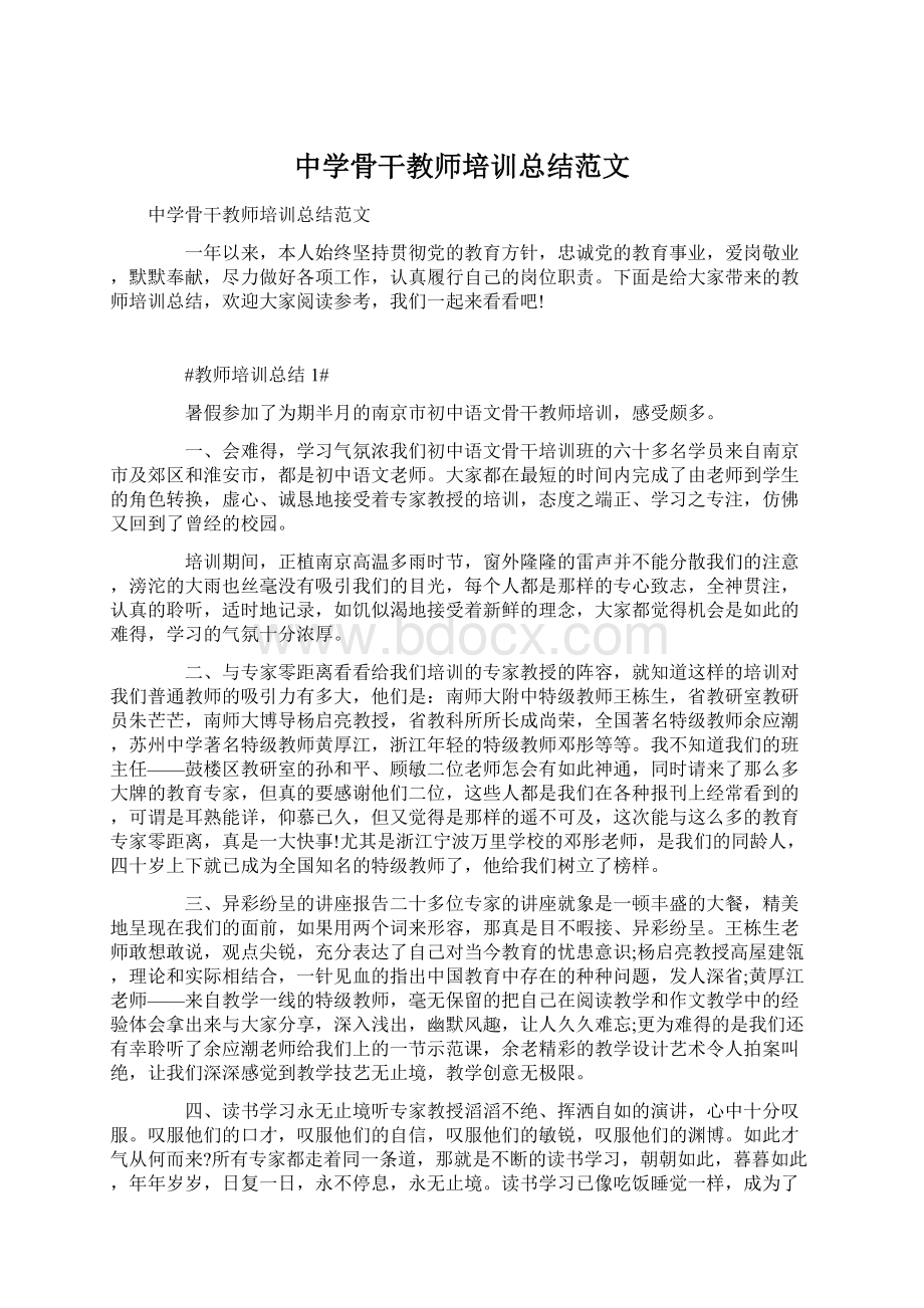 中学骨干教师培训总结范文Word格式文档下载.docx_第1页