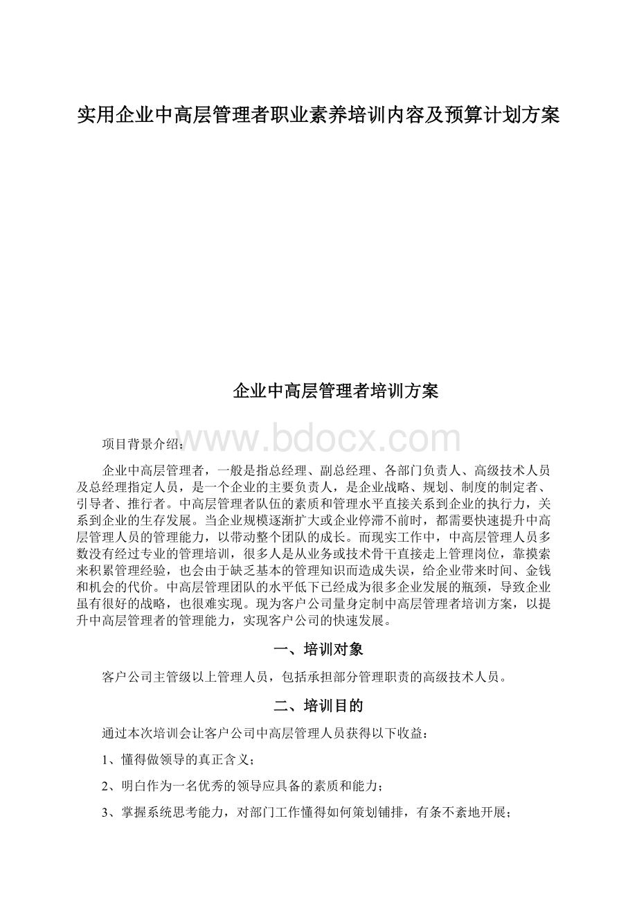 实用企业中高层管理者职业素养培训内容及预算计划方案.docx