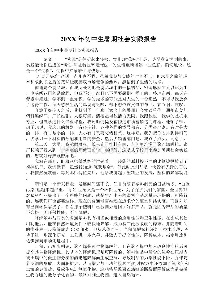 20XX年初中生暑期社会实践报告Word文档下载推荐.docx_第1页