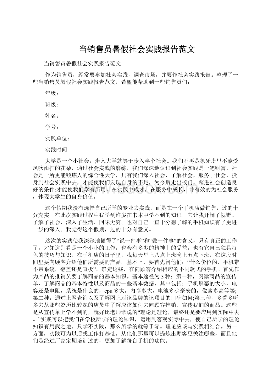 当销售员暑假社会实践报告范文Word文档格式.docx_第1页