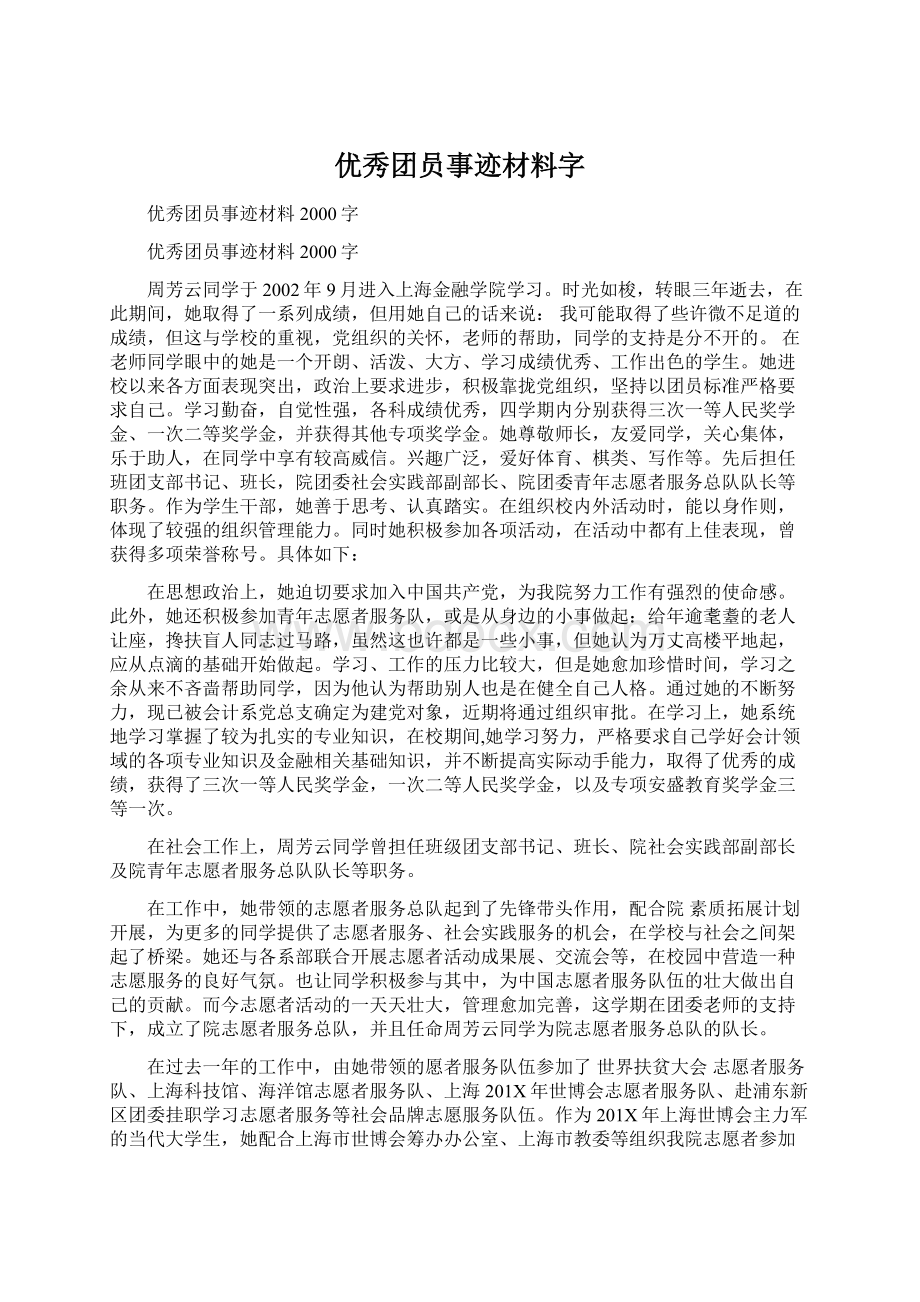 优秀团员事迹材料字Word文档格式.docx_第1页