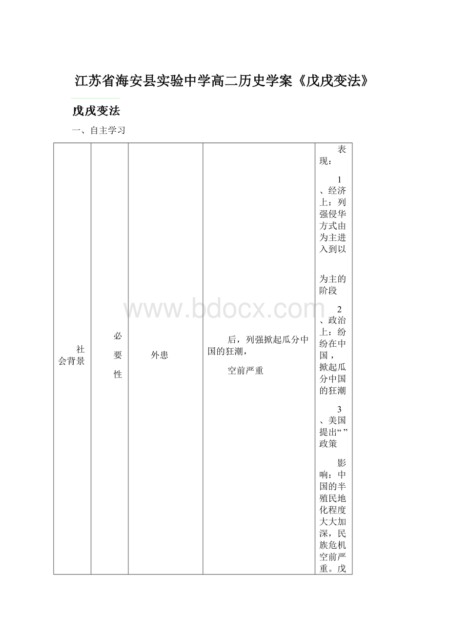 江苏省海安县实验中学高二历史学案《戊戌变法》Word文档格式.docx_第1页