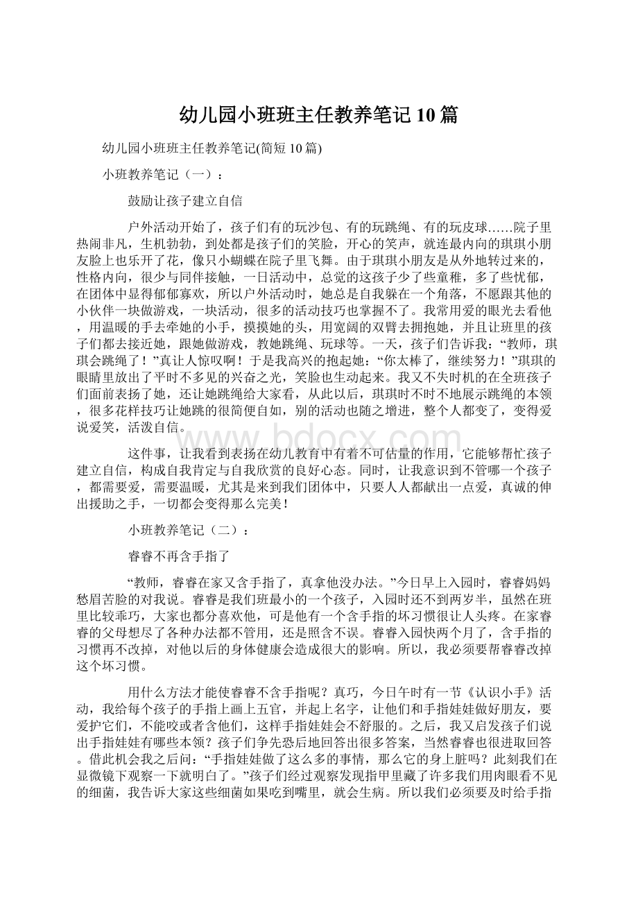 幼儿园小班班主任教养笔记10篇文档格式.docx