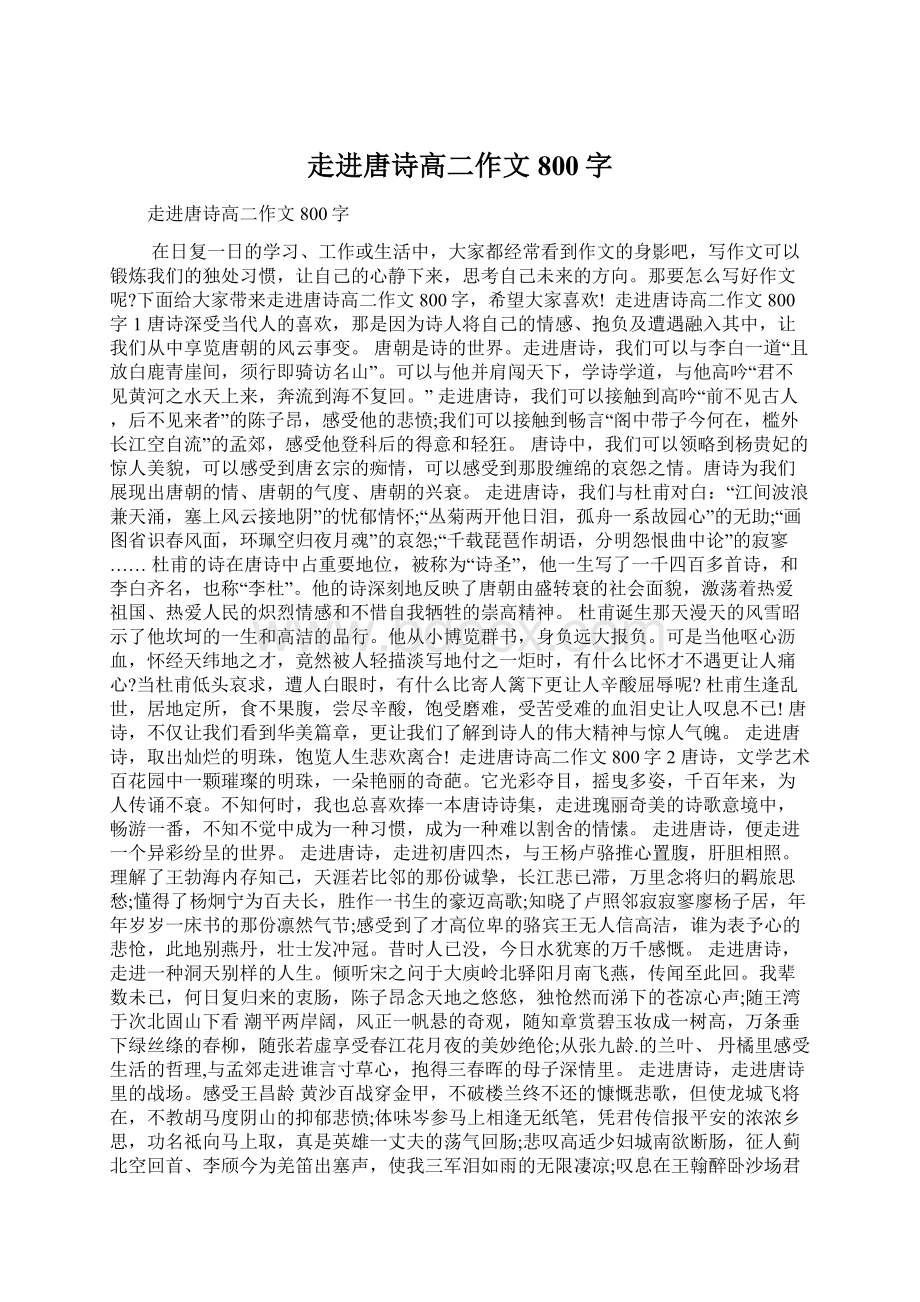 走进唐诗高二作文800字Word下载.docx