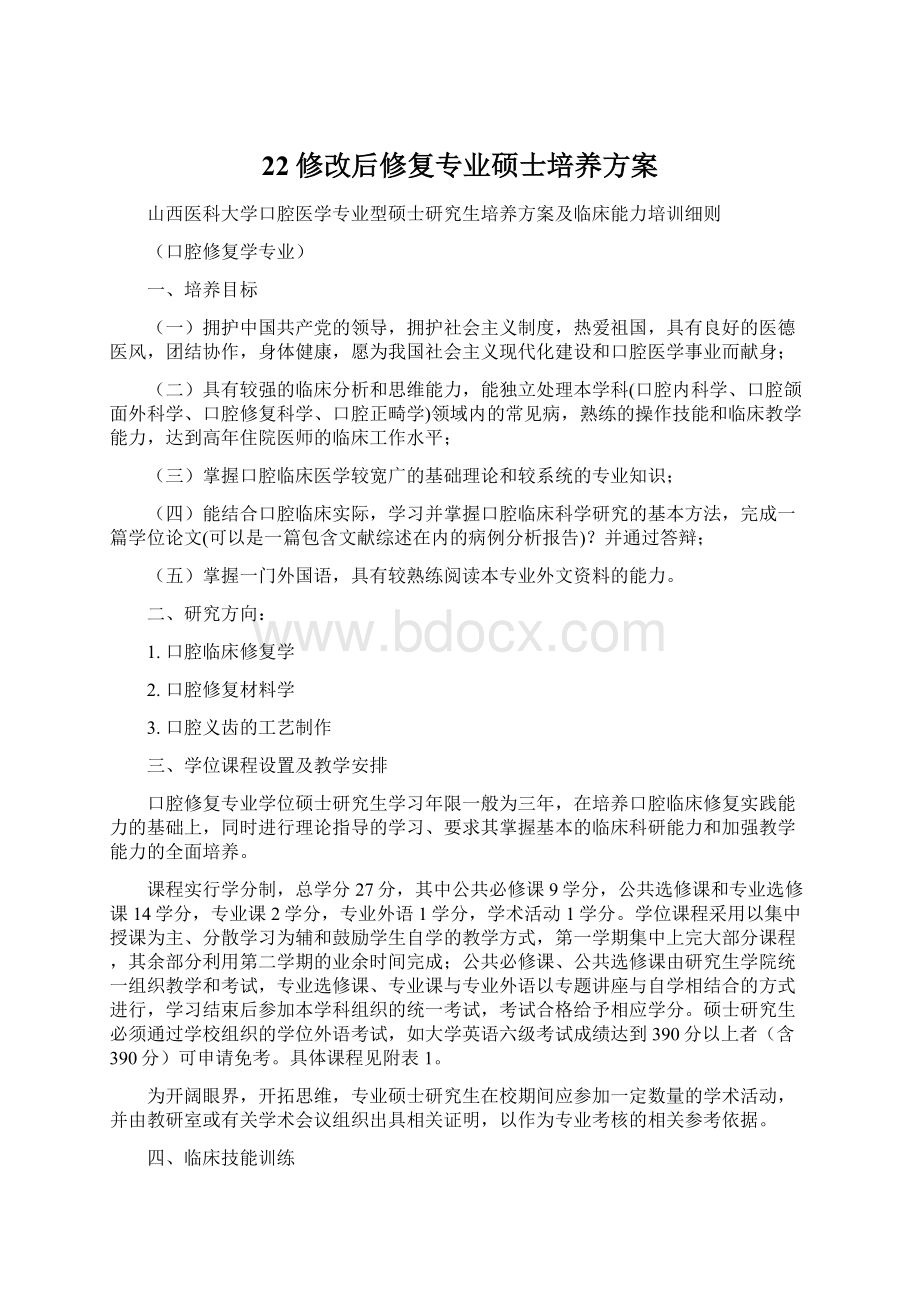 22修改后修复专业硕士培养方案Word格式文档下载.docx