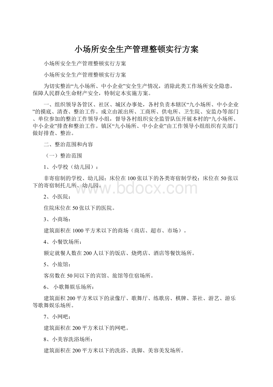 小场所安全生产管理整顿实行方案.docx_第1页