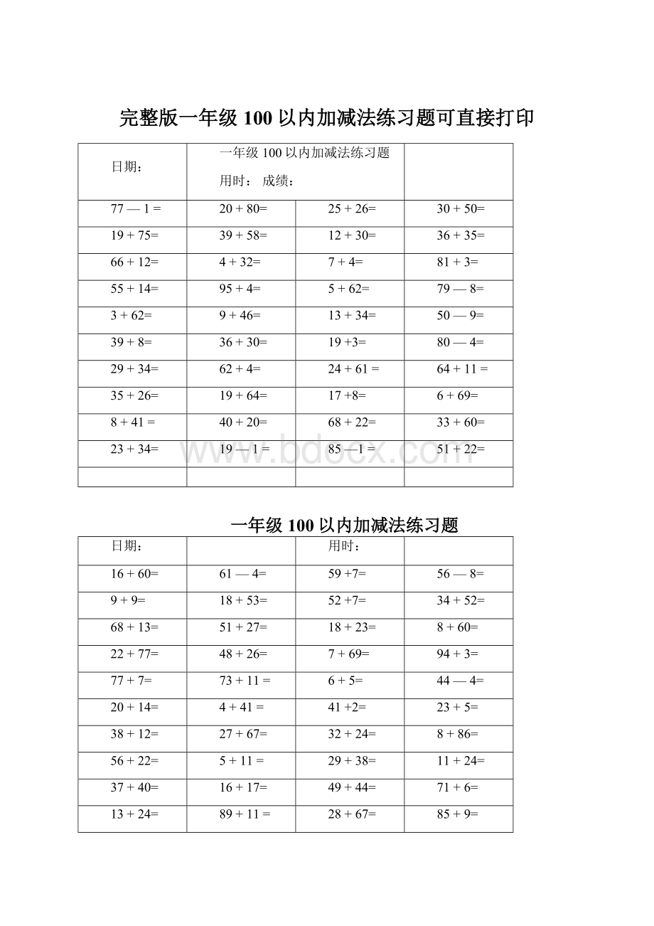 完整版一年级100以内加减法练习题可直接打印.docx