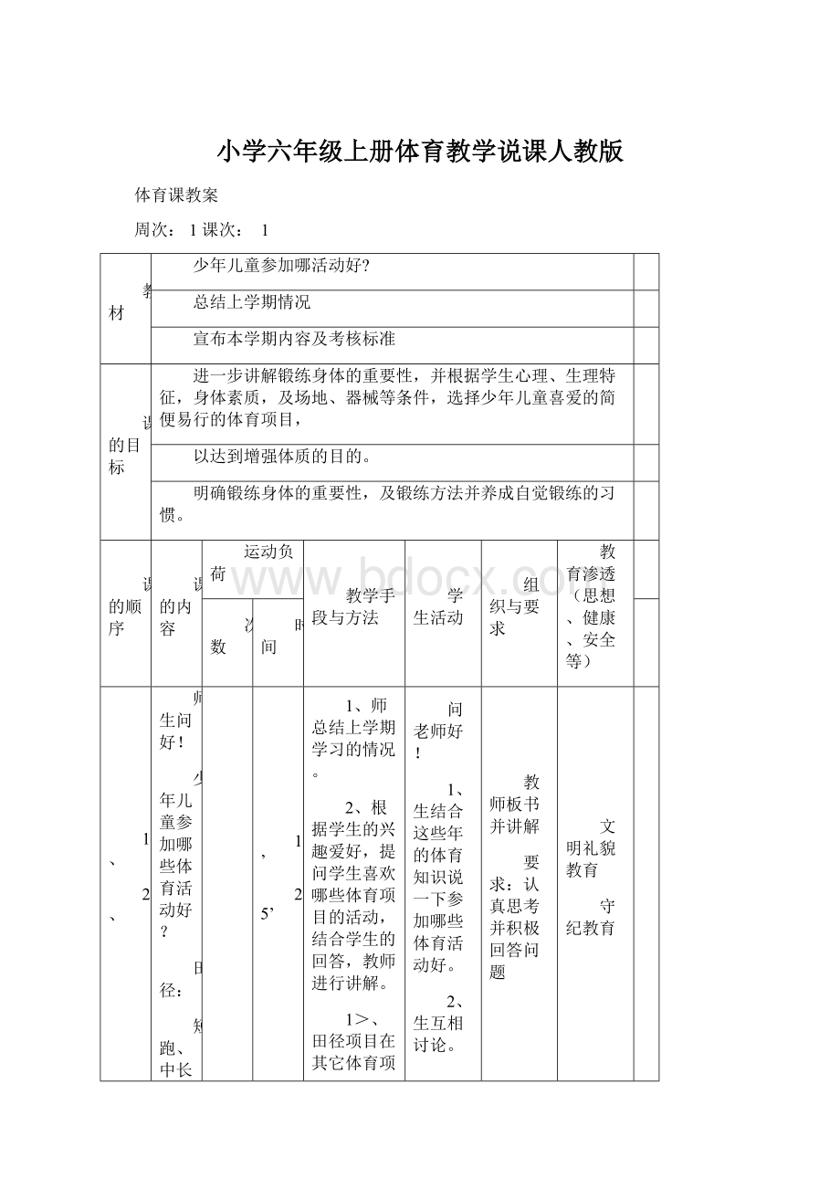 小学六年级上册体育教学说课人教版.docx