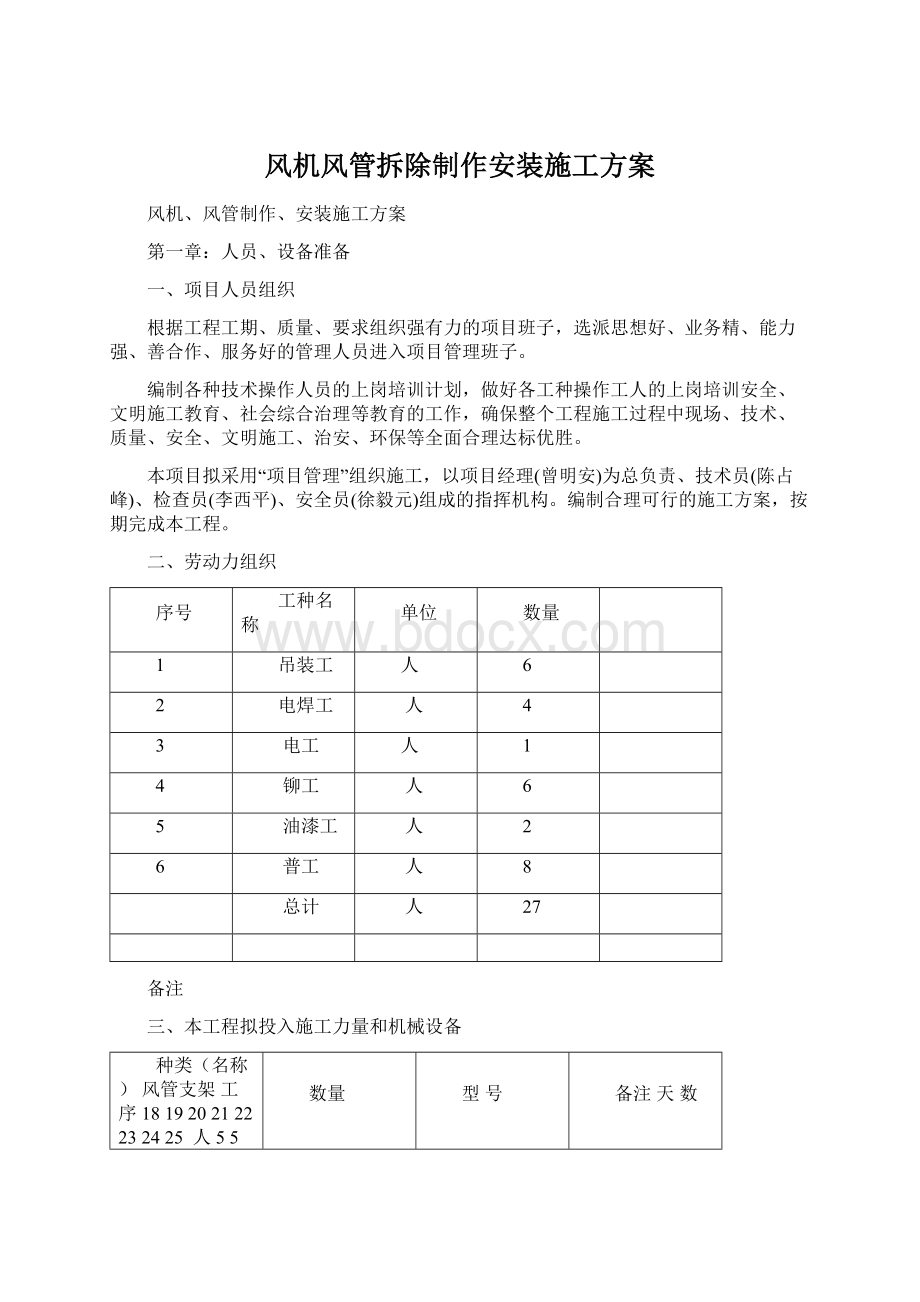 风机风管拆除制作安装施工方案.docx