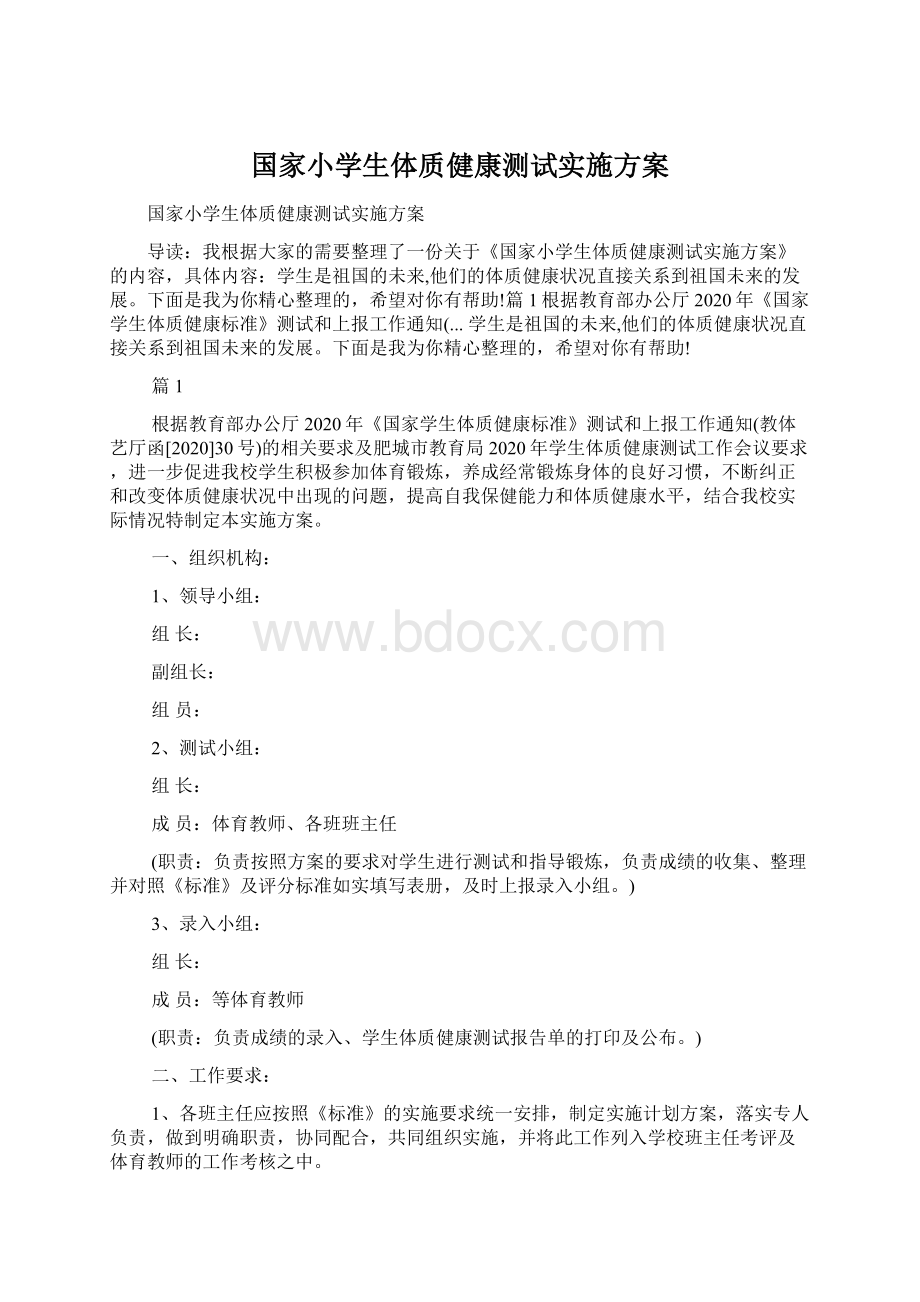 国家小学生体质健康测试实施方案Word文件下载.docx