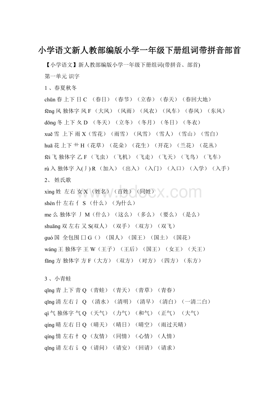 小学语文新人教部编版小学一年级下册组词带拼音部首.docx_第1页