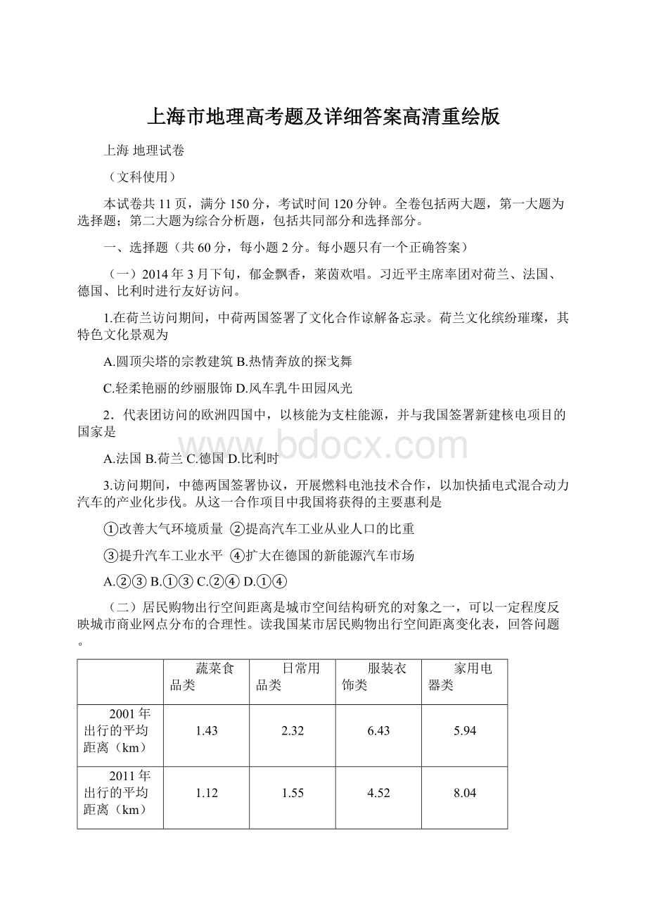 上海市地理高考题及详细答案高清重绘版.docx